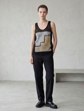 Gat Rimon Black Mesh Tank Top With Silver & Gold Geometric Print